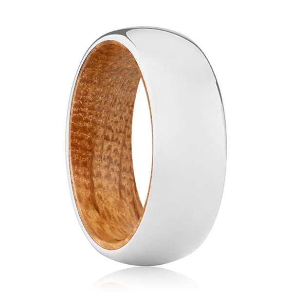 BRAVERY | Whiskey Barrel Wood, Silver Tungsten Ring, Shiny, Domed - Rings - Aydins Jewelry - 1