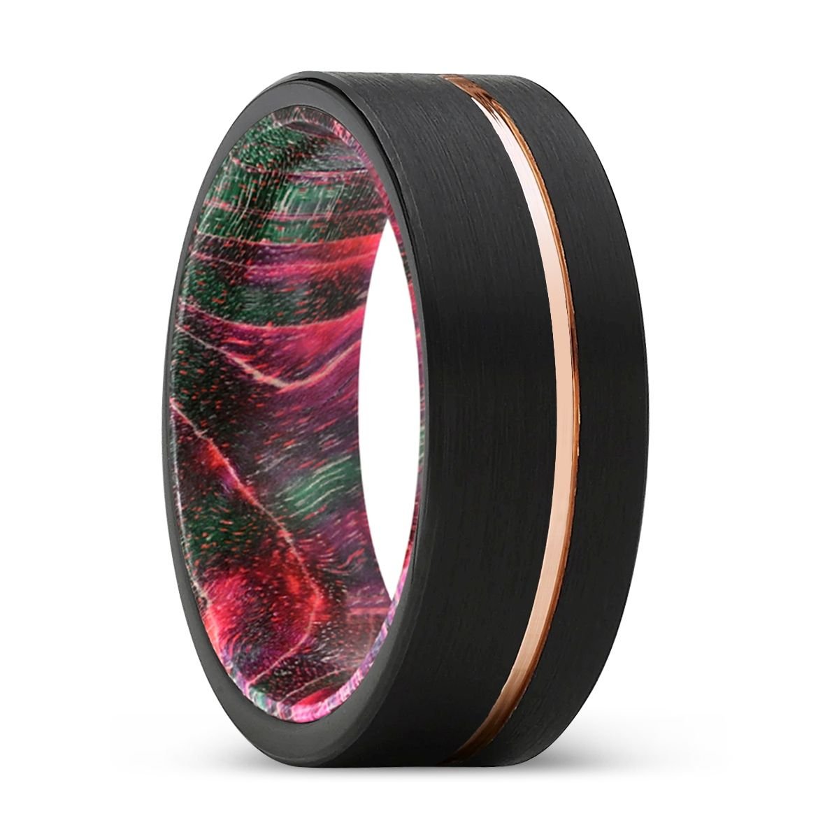 BRAWN | Green & Red Wood, Black Tungsten Ring, Rose Gold Offset Groove, Brushed, Flat - Rings - Aydins Jewelry - 1