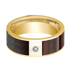 Bubinga Wood inlay 14k yellow gold wedding band 8mm with diamond, side profile