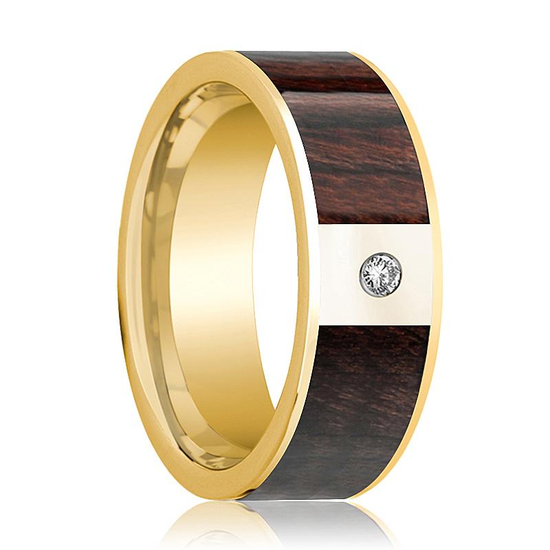 Bubinga Wood inlay 14k yellow gold wedding band 8mm with diamond, top view