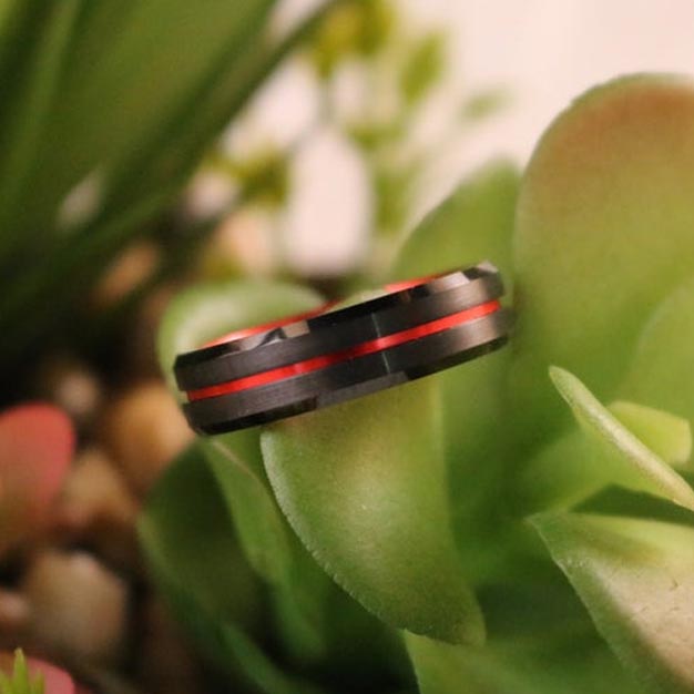 Close-up of BUGATTI Black Tungsten Ring with vibrant red groove and matching interior, 6mm & 8mm widths