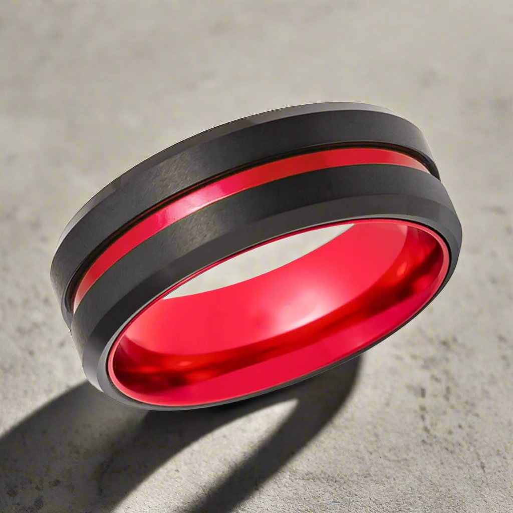 Side view of BUGATTI Black Tungsten Ring featuring red groove and red interior, available in 6mm & 8mm widths