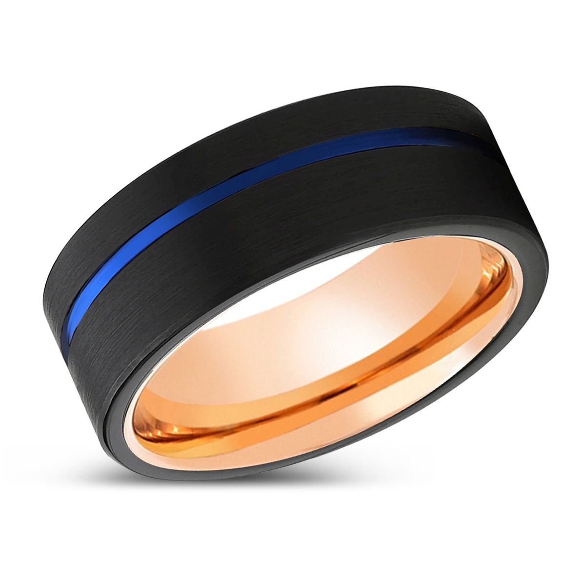 BURNOUT | Rose Gold Ring, Black Tungsten Ring, Blue Offset Groove, Flat - Rings - Aydins Jewelry - 2