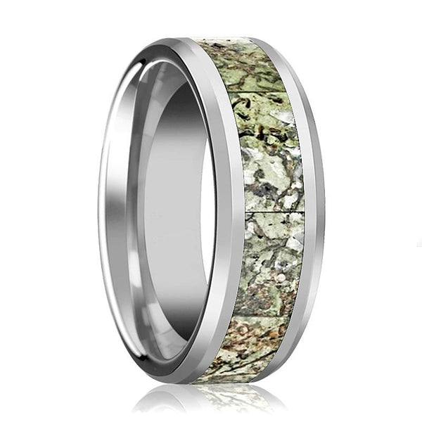 BYTE | Silver Tungsten Ring, Light Green Dinosaur Bone Inlay, Beveled - Rings - Aydins Jewelry - 1