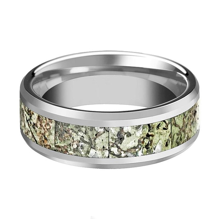 BYTE | Silver Tungsten Ring, Light Green Dinosaur Bone Inlay, Beveled - Rings - Aydins Jewelry - 2