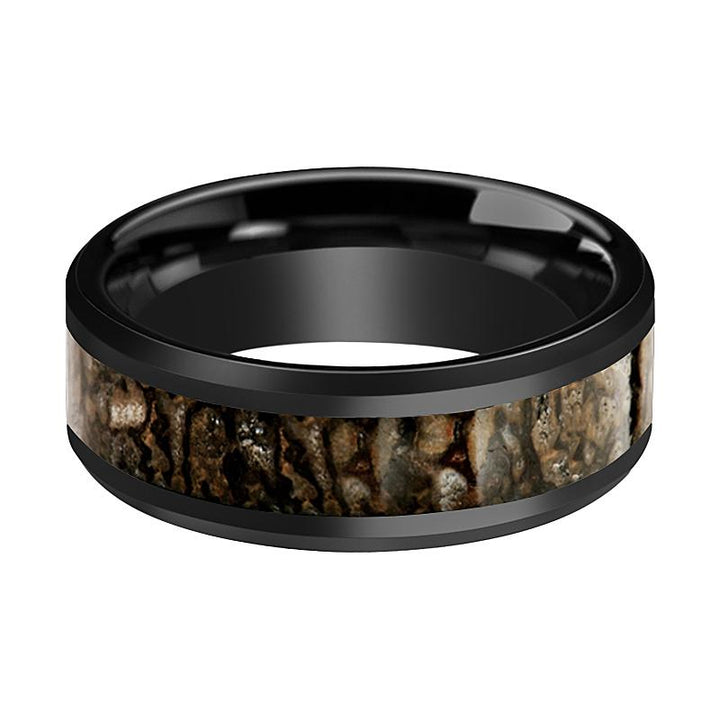 CADMUS | Black Ceramic Ring, Brown Dinosaur Bone Inlay, Beveled - Rings - Aydins Jewelry - 2