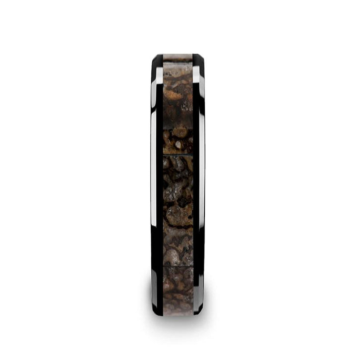 CADMUS | Black Ceramic Ring, Brown Dinosaur Bone Inlay, Beveled - Rings - Aydins Jewelry - 4