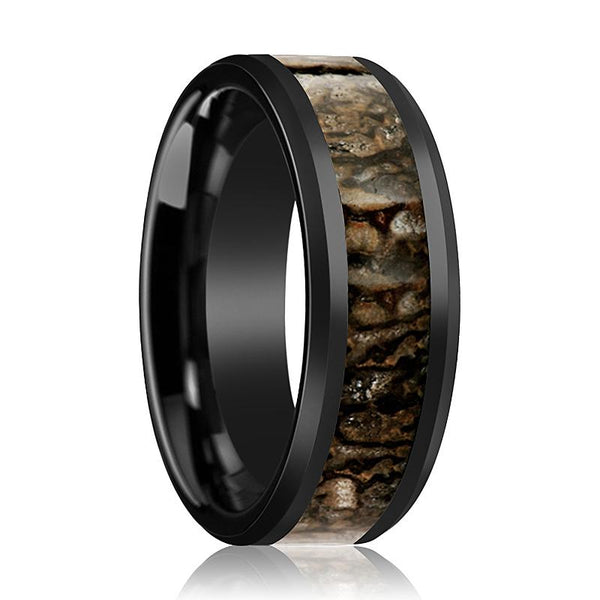 CADMUS | Black Ceramic Ring, Brown Dinosaur Bone Inlay, Beveled - Rings - Aydins Jewelry - 1