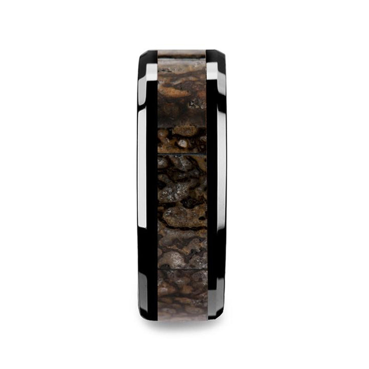 CADMUS | Black Ceramic Ring, Brown Dinosaur Bone Inlay, Beveled - Rings - Aydins Jewelry - 3