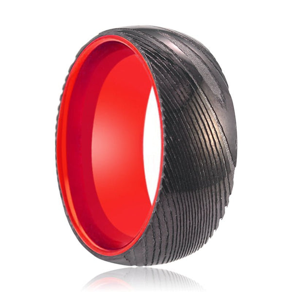 CARDINAL | Red Ring, Gunmetal Damascus Steel Ring, Domed - Rings - Aydins Jewelry - 1