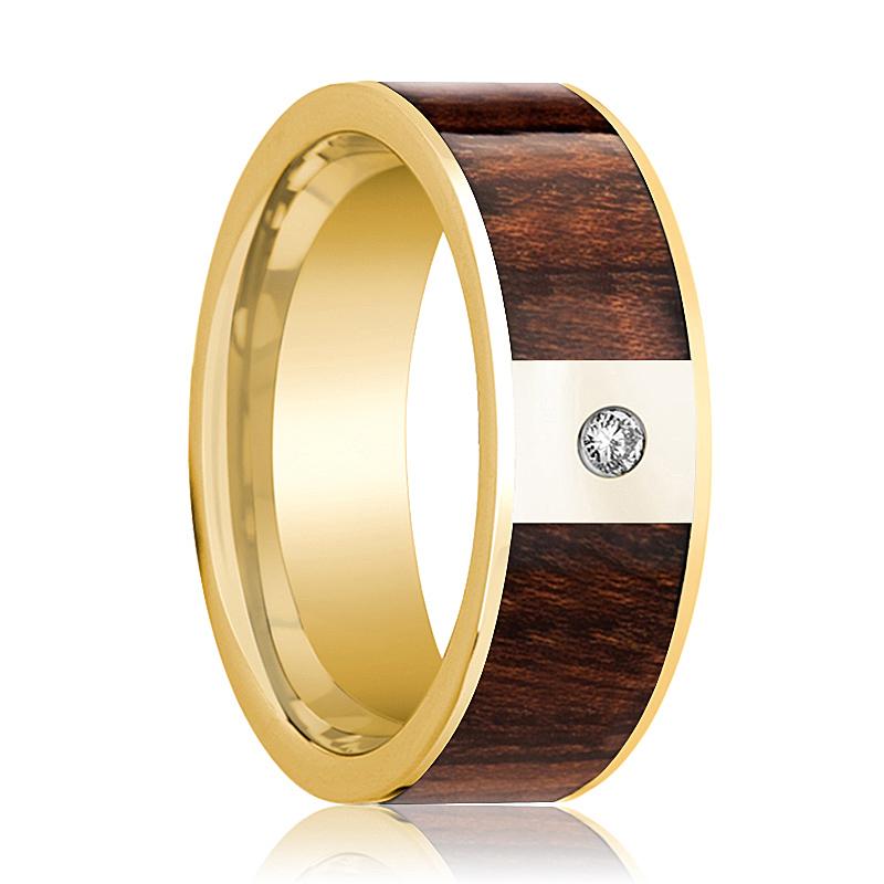 Carpathian Wood inlay 14k white gold wedding band 8mm with diamond, top view