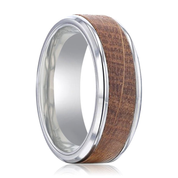 CASK | Silver Titanium Ring, Whiskey Barrel Wood Inlay, Beveled - Rings - Aydins Jewelry - 1