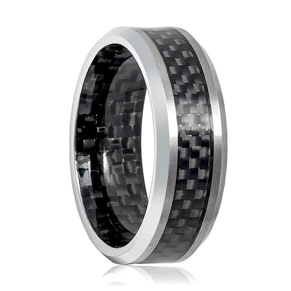 CASSIUS | Silver Tungsten Ring, Carbon Fiber Inlay, Beveled - Rings - Aydins Jewelry - 1