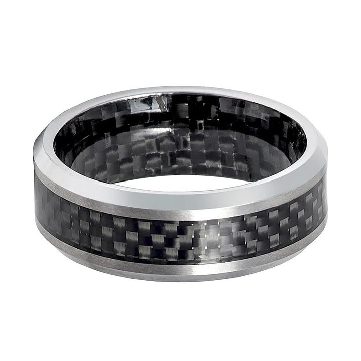 CASSIUS | Silver Tungsten Ring, Carbon Fiber Inlay, Beveled - Rings - Aydins Jewelry - 2