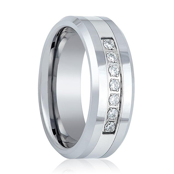 CETUS | Silver Tungsten Ring, 7 White CZ Diamonds, Beveled - Rings - Aydins Jewelry - 1