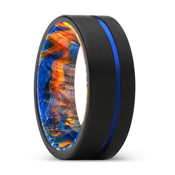 CHAKRA | Blue & Yellow/Orange Wood, Black Tungsten Ring, Blue Offset Groove, Flat - Rings - Aydins Jewelry - 1