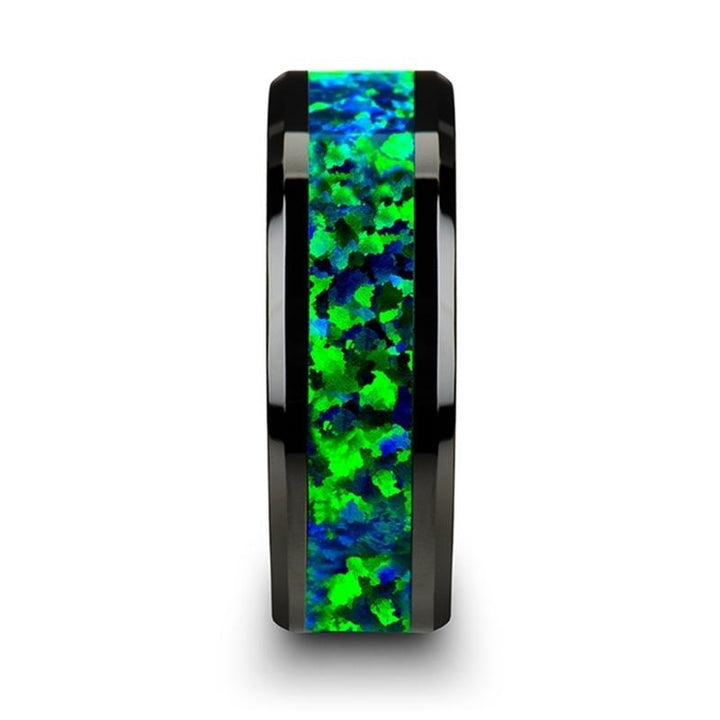 CHARLIE | Black Ceramic Ring, Emerald Green & Sapphire Blue Opal Inlay, Beveled - Rings - Aydins Jewelry - 4