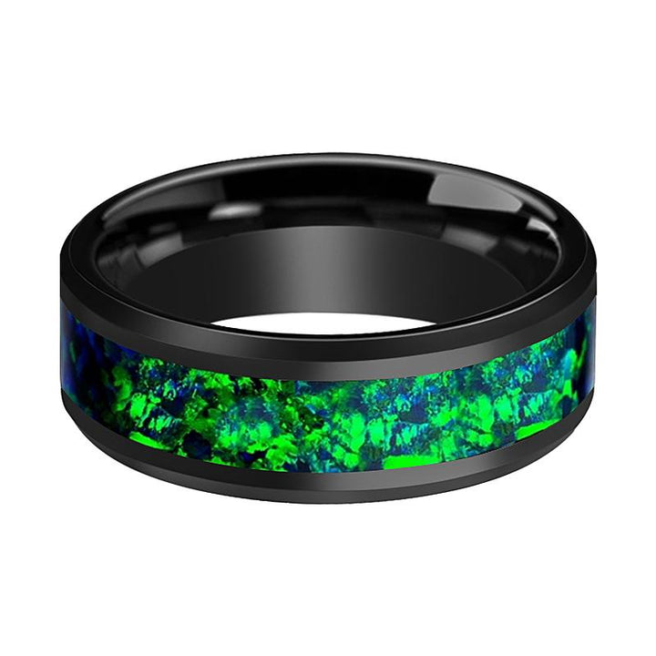 CHARLIE | Black Ceramic Ring, Emerald Green & Sapphire Blue Opal Inlay, Beveled - Rings - Aydins Jewelry - 2