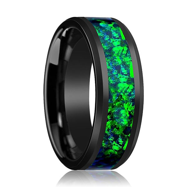 CHARLIE | Black Ceramic Ring, Emerald Green & Sapphire Blue Opal Inlay, Beveled - Rings - Aydins Jewelry - 1