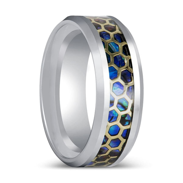 CHAZY | Silver Tungsten Ring, Honeycomb Abalone Inlay, Beveled Edge - Rings - Aydins Jewelry - 1