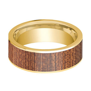 Cherry Wood inlay 14k yellow gold wedding band 8mm, side profile