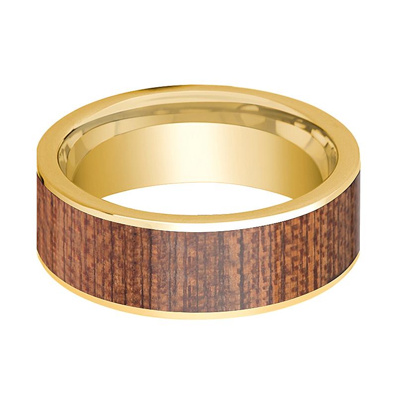 Cherry Wood inlay 14k yellow gold wedding band 8mm, side profile