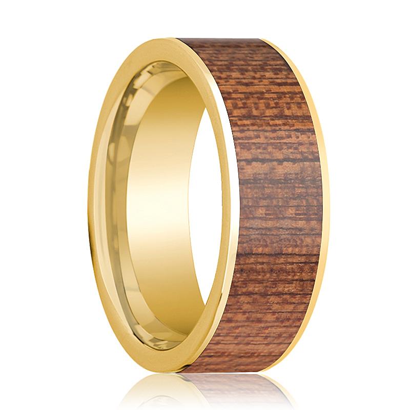 Cherry Wood inlay 14k yellow gold wedding band 8mm, top view