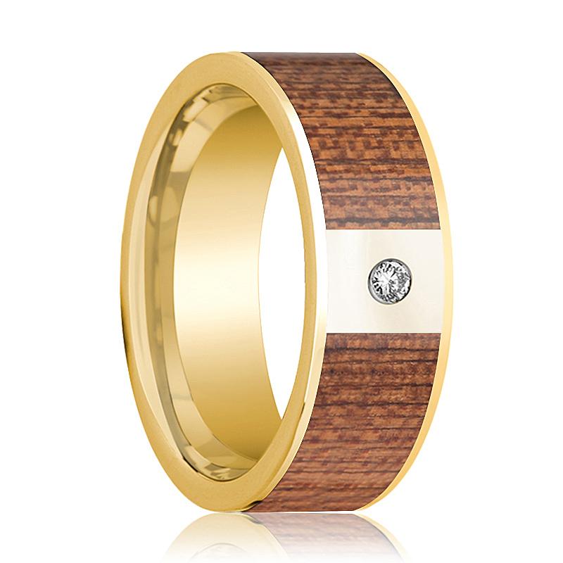 Cherry Wood inlay 14k white gold wedding band 8mm with diamond, top view