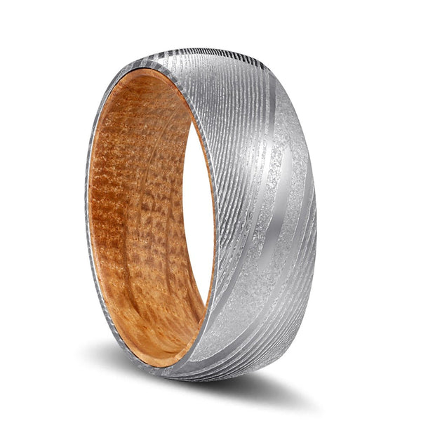 CHIVAS | Whiskey Barrel Wood, Silver Damascus Steel, Domed - Rings - Aydins Jewelry - 1
