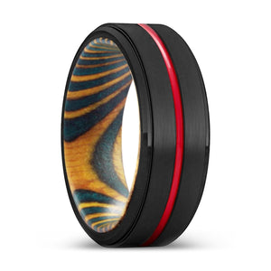 CHUCK | Green & Yellow Wood, Black Tungsten Ring, Red Groove, Stepped Edge - Rings - Aydins Jewelry - 1
