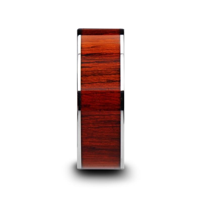 Padauk Wood inlay 14k yellow gold wedding band, angled view