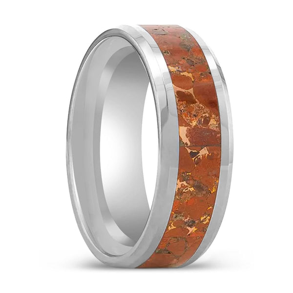 CROWN | Tungsten Ring, Orange Conglomerate Inlay, Beveled Edges - Rings - Aydins Jewelry - 1
