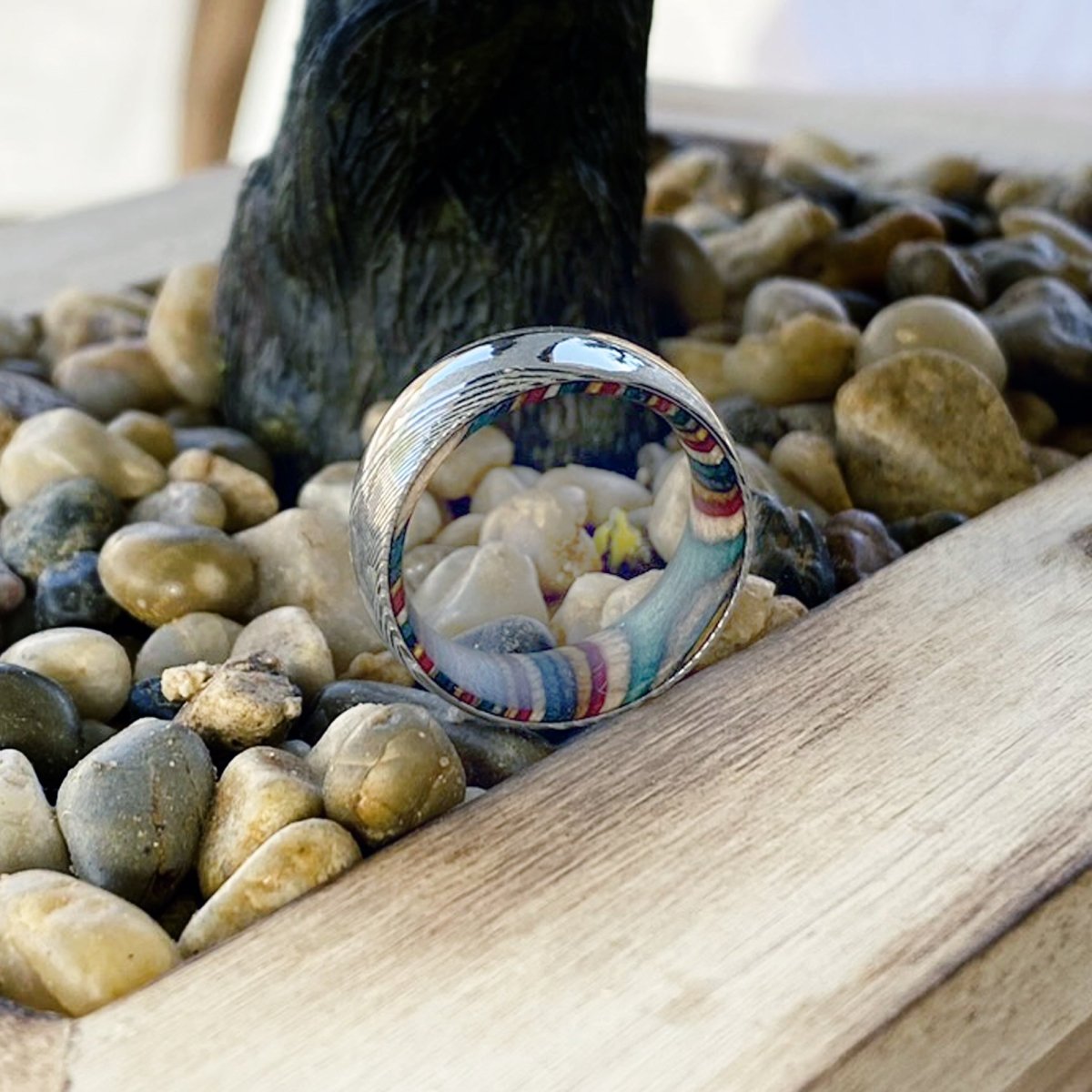 CURVE | Multi Color Wood, Silver Damascus Steel, Domed - Rings - Aydins Jewelry - 7