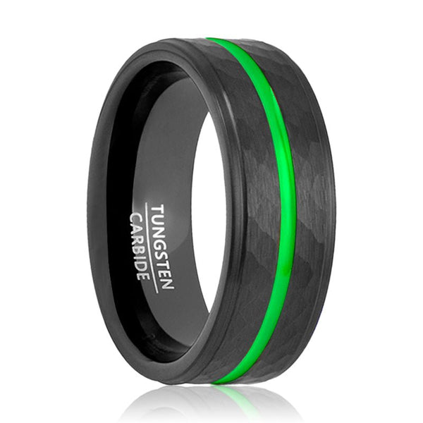 CYCLONE | Black Tungsten Ring, Hammered, Green Groove, Stepped Edge - Rings - Aydins Jewelry - 1