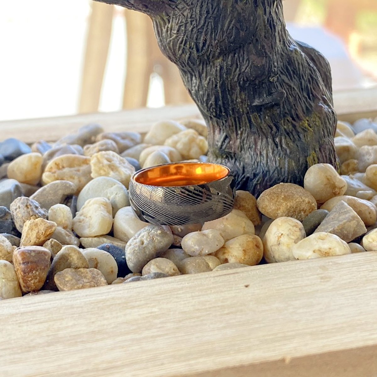 DAWN | Orange Ring, Gunmetal Damascus Steel Ring, Domed - Rings - Aydins Jewelry - 7