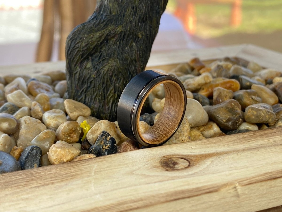 DAWSON | Whiskey Barrel Wood, Gunmetal Tungsten Offset Groove - Rings - Aydins Jewelry - 3