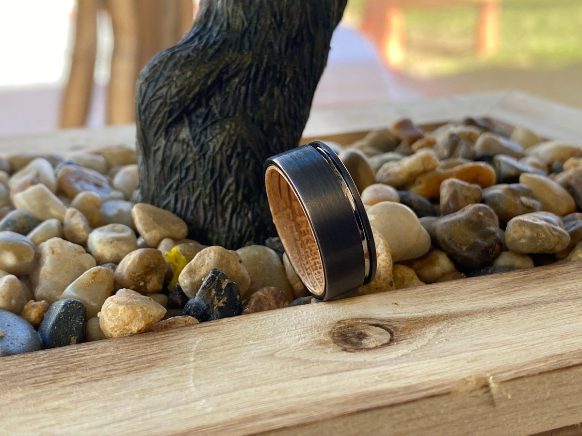 DAWSON | Whiskey Barrel Wood, Gunmetal Tungsten Offset Groove - Rings - Aydins Jewelry - 4