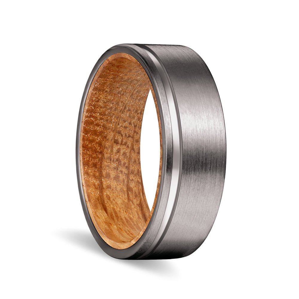 DAWSON | Whiskey Barrel Wood, Gunmetal Tungsten Offset Groove - Rings - Aydins Jewelry - 1