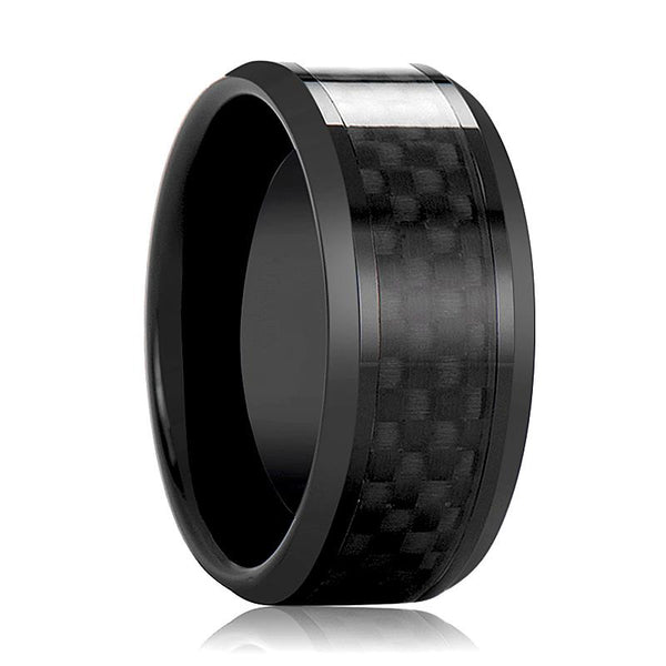 DAYTONA | Black Ceramic Ring, Black Carbon Fiber Inlay, Beveled - Rings - Aydins Jewelry - 1