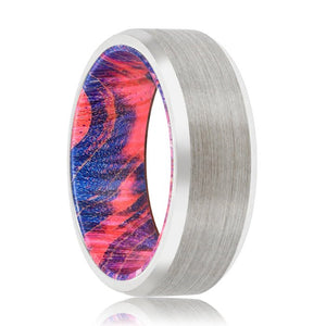 DAZZLE | Blue & Red Wood, Silver Tungsten Ring, Brushed, Beveled - Rings - Aydins Jewelry - 1
