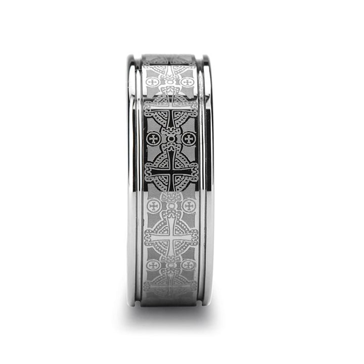DEACON | Silver Tungsten Ring, Laser Engraved Celtic Crosses, Flat - Rings - Aydins Jewelry - 2