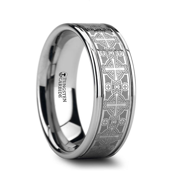 DEACON | Silver Tungsten Ring, Laser Engraved Celtic Crosses, Flat - Rings - Aydins Jewelry - 1
