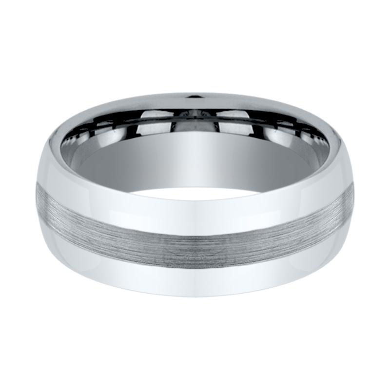 DEFIANCE | Silver Tungsten Ring, Brushed Stripe Center, Domed - Rings - Aydins Jewelry - 2