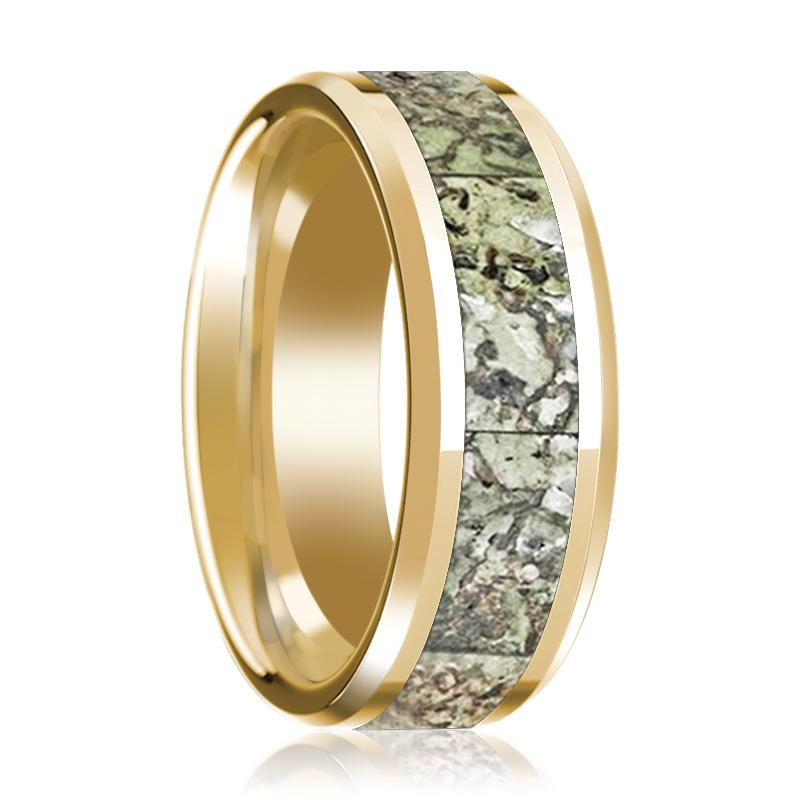 Dinosaur Bone inlay 14k yellow gold wedding band, top view