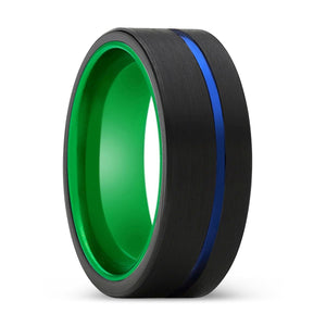 DEMONIO | Green Ring, Black Tungsten Ring, Blue Offset Groove, Flat - Rings - Aydins Jewelry - 1