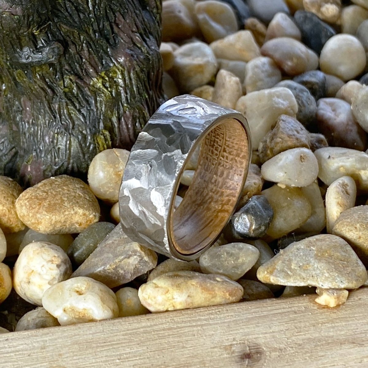 DUNHILL | Whiskey Barrel Wood, Silver Titanium Ring, Hammered, Flat - Rings - Aydins Jewelry - 5