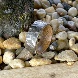 DUNHILL | Whiskey Barrel Wood, Silver Titanium Ring, Hammered, Flat - Rings - Aydins Jewelry - 5