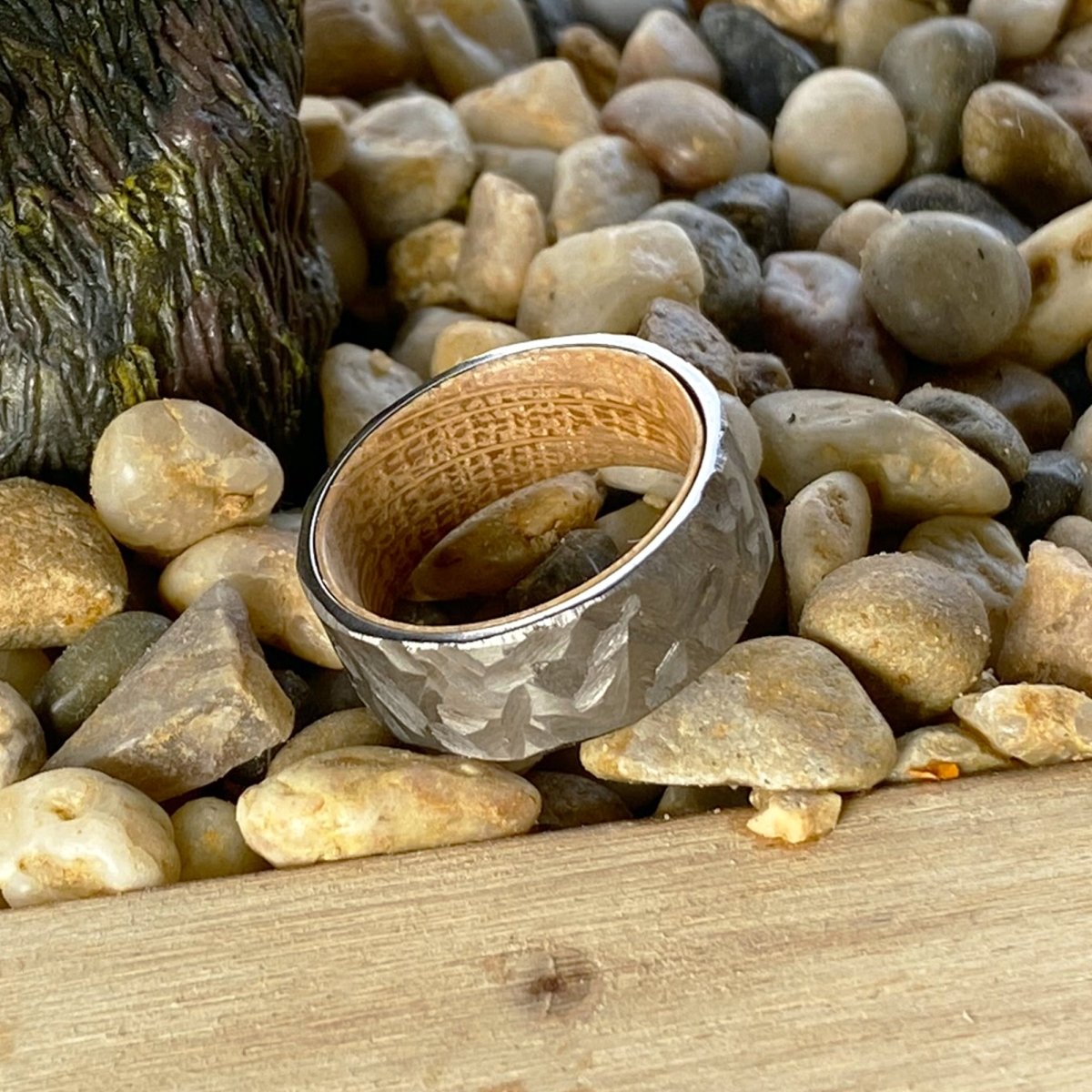 DUNHILL | Whiskey Barrel Wood, Silver Titanium Ring, Hammered, Flat - Rings - Aydins Jewelry - 6