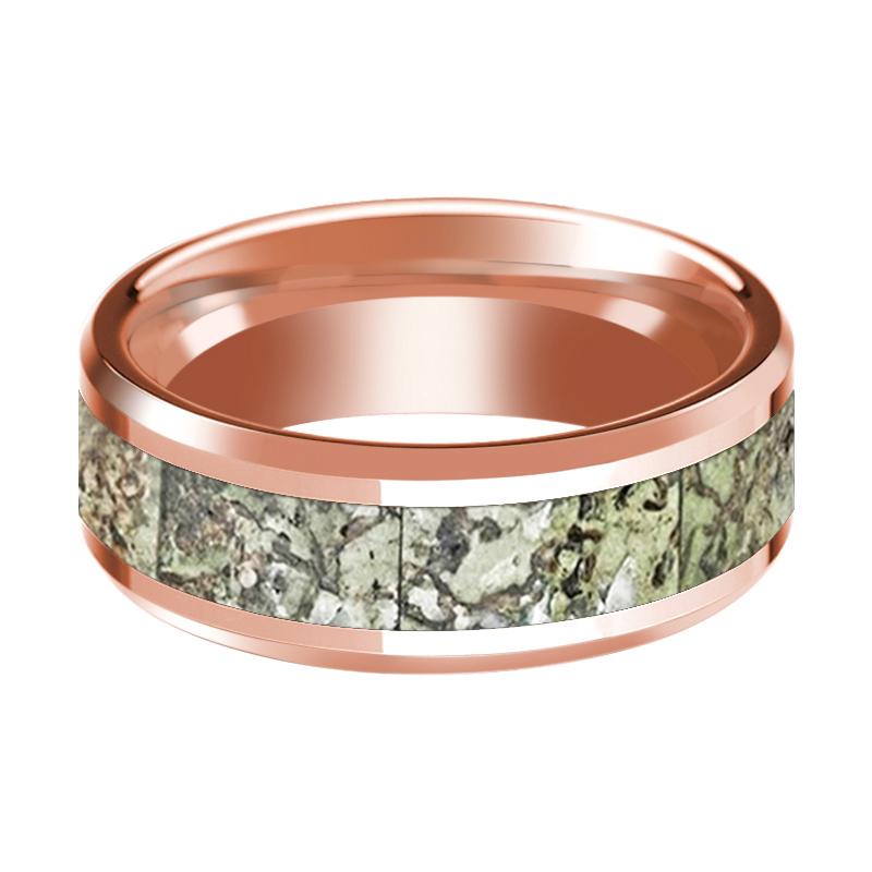 Dinosaur Bone inlay 14k rose gold wedding band, side profile