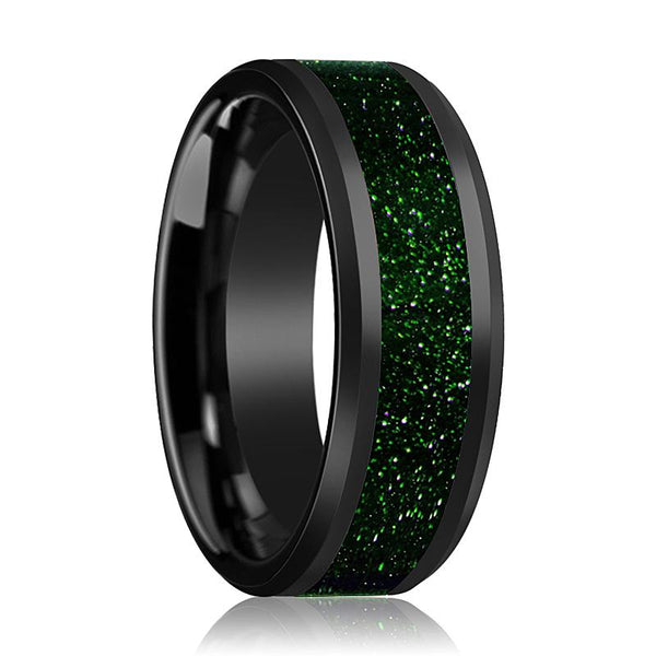 EDRIC | Black Ceramic Ring, Green Goldstone Inlay, Beveled - Rings - Aydins Jewelry - 1